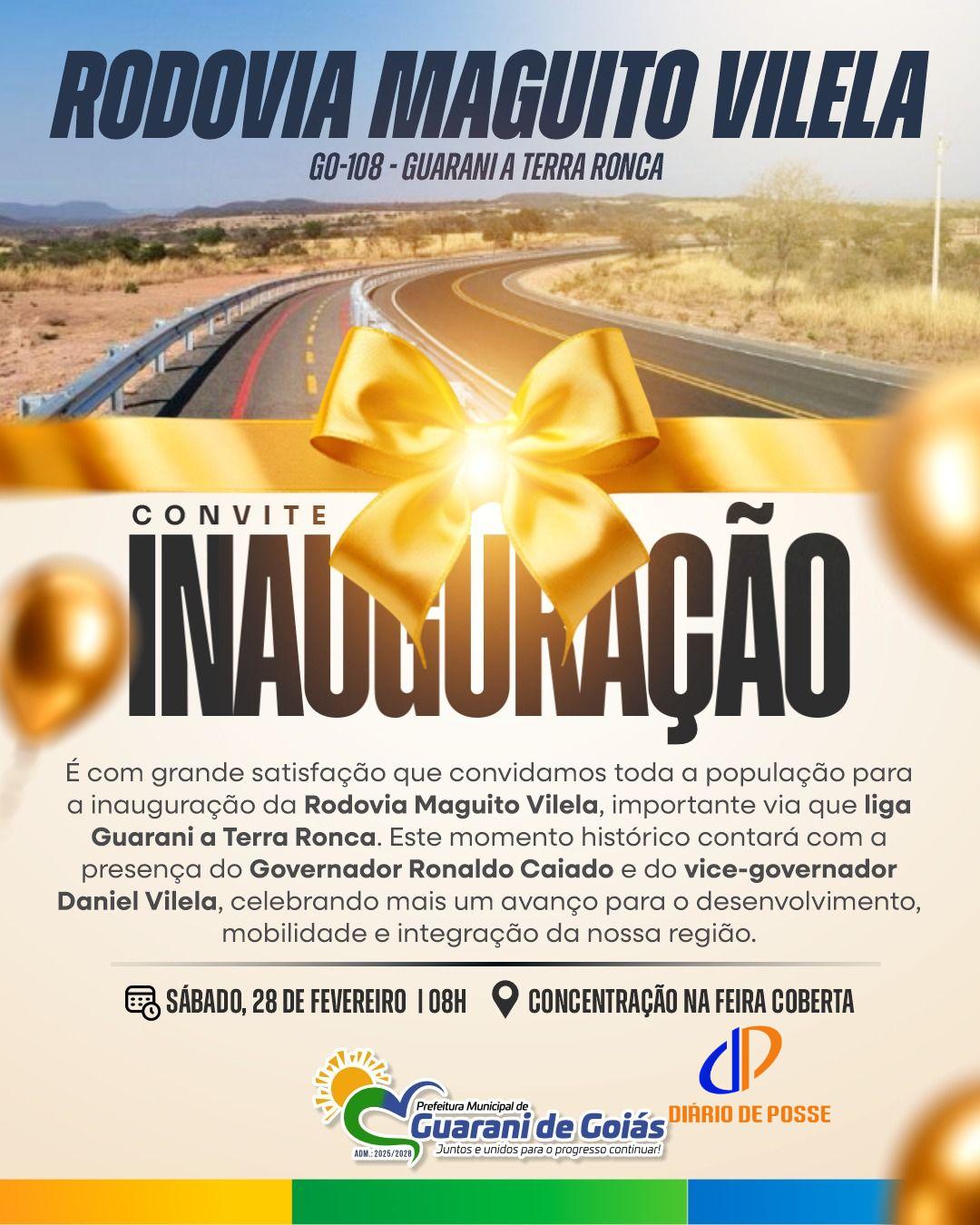 GO-108: Rodovia Maguito Vilela será inaugurada em Guarani de Goiás com presença de autoridades estaduais