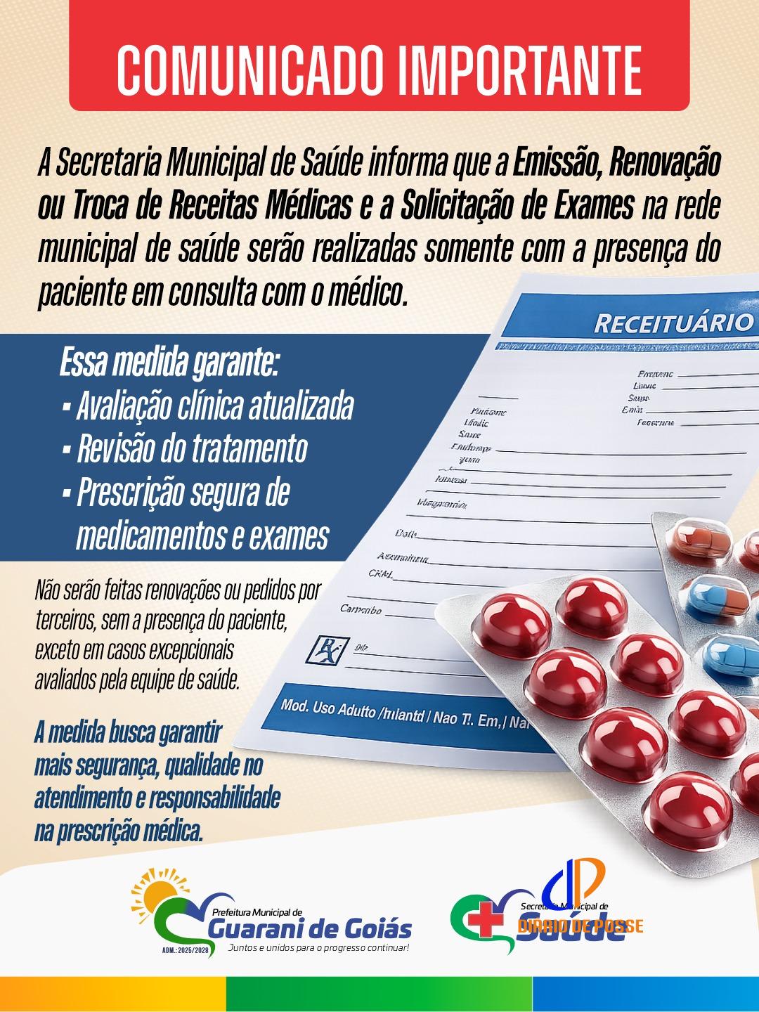Secretaria de Saúde anuncia novas regras para emissão e renovação de receitas médicas em Guarani de Goiás
