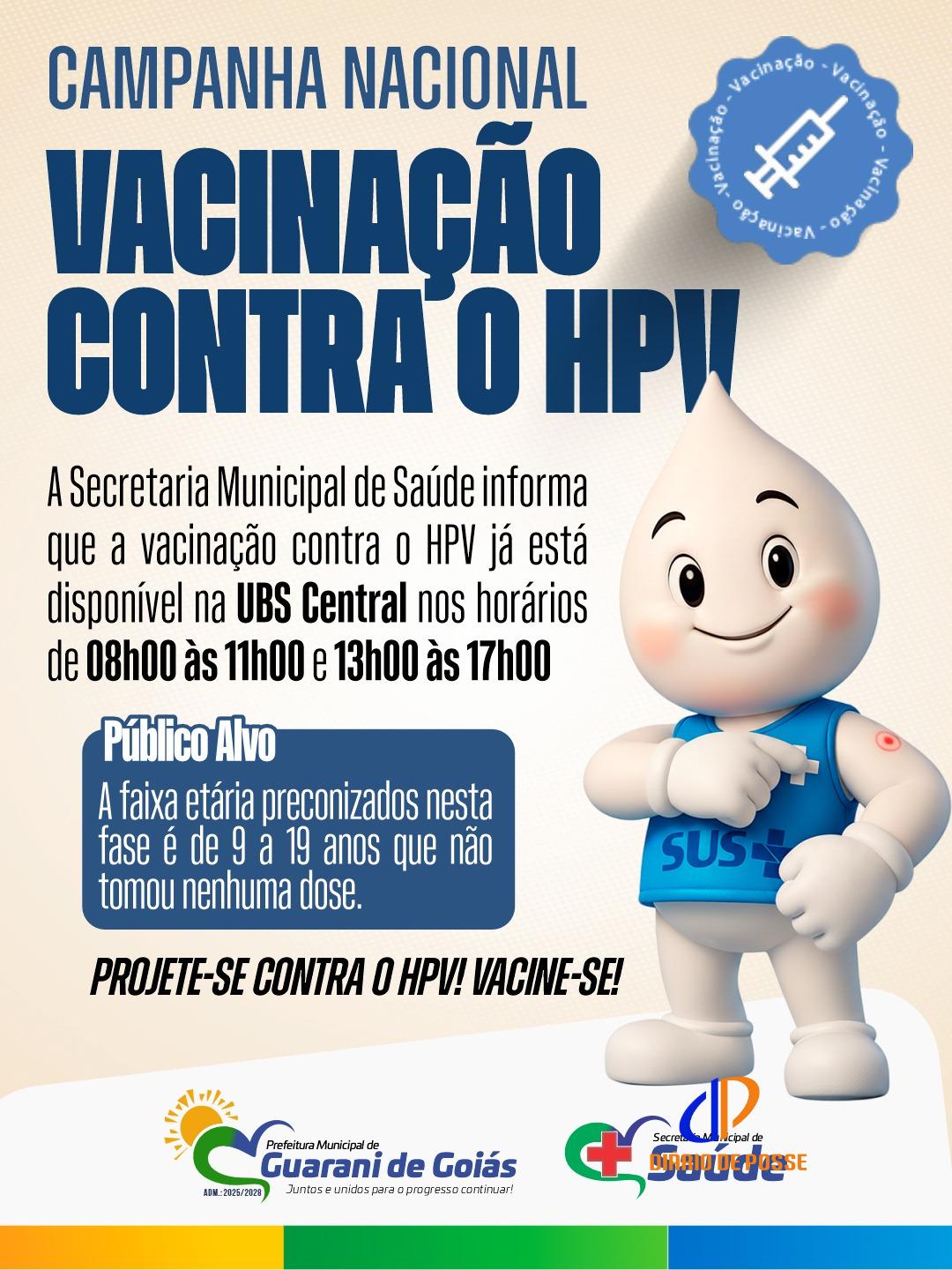 Secretaria de Saúde disponibiliza vacina contra HPV na UBS Central em Guarani de Goiás